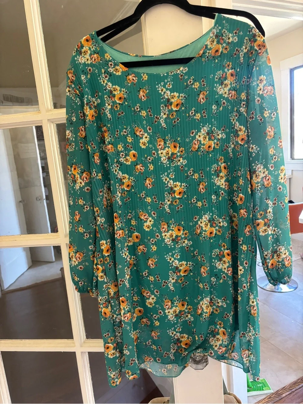 Floral Pleated Teal Long-Sleeve Women's Dress
